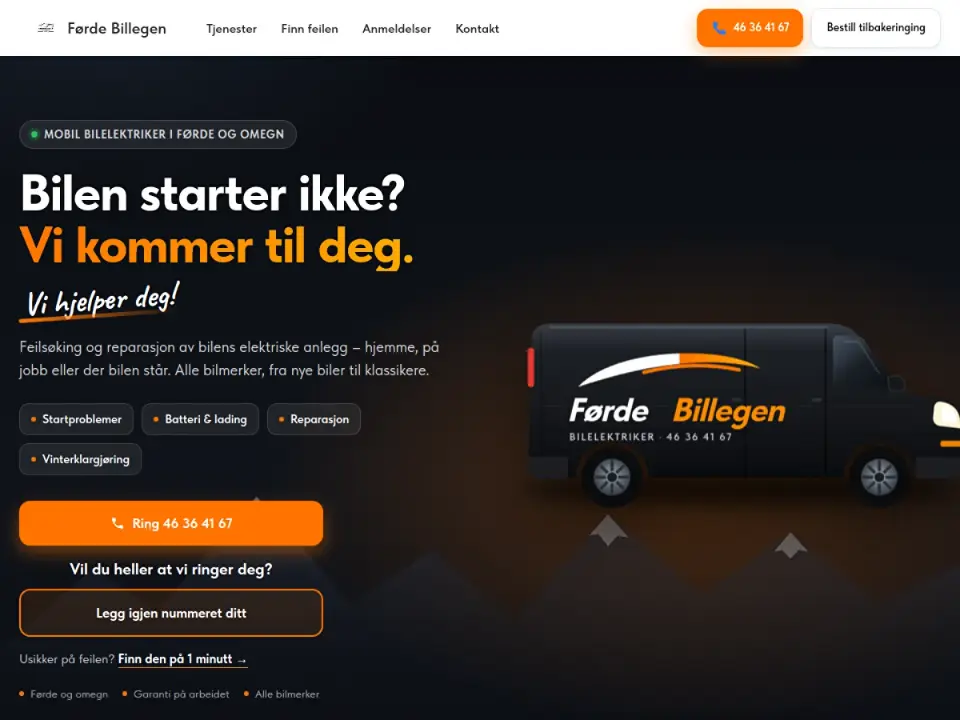 Førde Billegen – nettside for mobil bilelektriker i Førde, laget av Lando (skjermbilde av forsiden)
