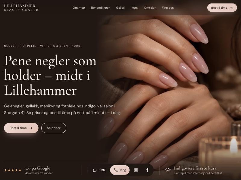 Indigo Nailsalon i Lillehammer – nettside for neglesalong og neglekurs, laget av Lando (skjermbilde av forsiden)