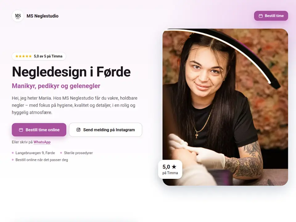 MS Neglestudio – nettside for neglestudio i Førde, laget av Lando (skjermbilde av forsiden)